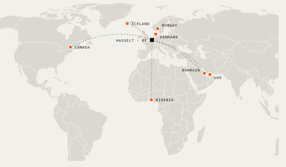 World map with deliveries from Hasselt, Belgium to Canada, Iceland, Norway, Denmark, Bahrain, UAE and Nigeria