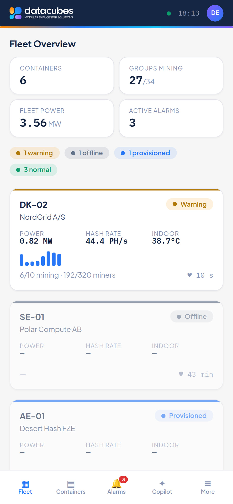 CubeApp fleet overview on a phone